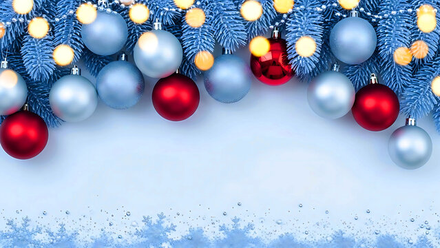 Cool winter-themed Christmas background featuring blue tones, snow effects, and silver and red baubles. Ideal for seasonal marketing, banners, and greeting designs. - Powered by Adobe