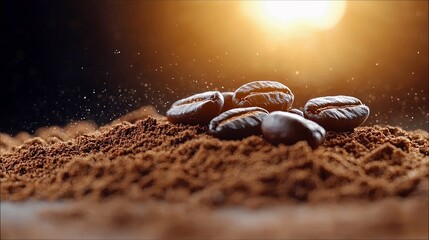Close-up of coffee beans resting on a bed of ground coffee, with a bright light source and bokeh effect in the background.