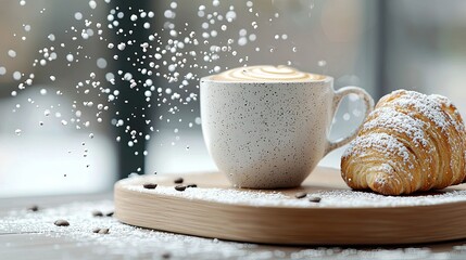 A cup of coffee and a croissant dusted with powdered sugar sit on a wooden tray. Coffee beans and falling sugar add to the cozy atmosphere.