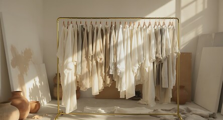 Elegant minimalist clothing rack with linen garments in sunlit studio space creates a calming aesthetic for fashion and lifestyle branding projects today