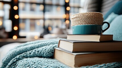 A teal coffee cup with a woven lid rests on a stack of books on a blue blanket. The scene is indoors by a window with bokeh lights, creating a cozy atmosphere.