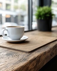 A white coffee cup and saucer sit on a wooden table near a window, with a plant in the background. The scene is lit by natural light.