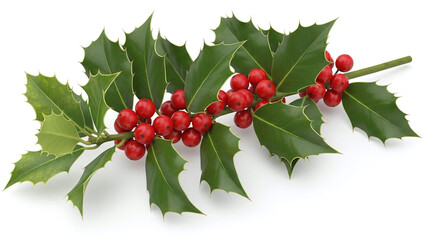 Realistic holly branch with bright red berries isolated on white background