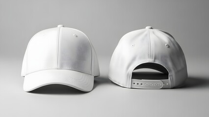 Two plain white baseball caps front and back mockup