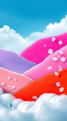 An abstract, colorful landscape with rolling hills in shades of pink, purple, and orange, with white petals falling against a blue sky with fluffy clouds. The s