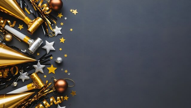 Festive new years eve party decorations on dark background