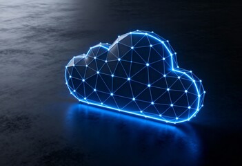 3D Render of a Stylized Clean Cloud Shape Made of Interconnected Geometric Nodes with Glowing Blue Accents