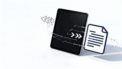 3D Render of Geometric Arrows Transforming Into Code Lines Next to a Generic Document on a Tablet in Smooth Motion