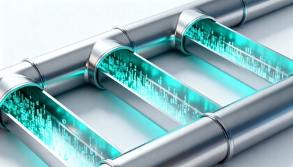 3D Render of Clean Interconnected Geometric Pipes Flowing Data Particles in a Modern Design