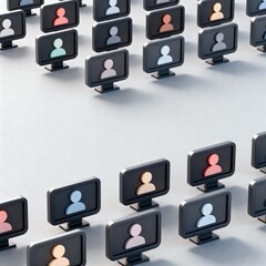 3D Render of Multiple Small Geometric Icons Connected in a Grid Structure on a Screen Background
