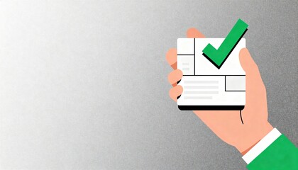 Stylized Geometric Illustration of a Hand Holding a Clean Data Block with a Green Check Mark