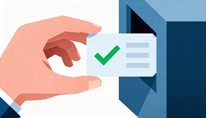 Hand Holding Clean Geometric Data Block with Green Checkmark in a Stylized Illustration