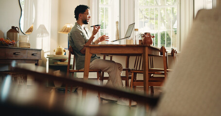 Man, phone call and laptop for remote work from home, loudspeaker and contact with review for proposal. Person, writer and smartphone with mobile app, voice notes and computer for creative project