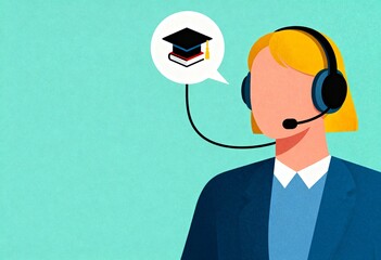 Stylized Person Wearing Headset Engaged in Educational Activity with Floating Elements Representing Learning
