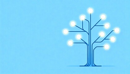 Stylized Decision Tree Structure with Glowing Data Points on a Blue Background for Data Visualization and Analysis