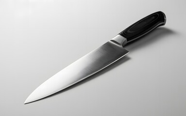 Obraz premium Sharp stainless steel chef knife with black handle on a light surface