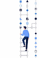 Stylized Illustration of a Person Climbing a Ladder Surrounded by Abstract Geometric Shapes in a Clean Vector Design