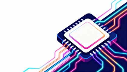Stylized Square Processor Chip with Flowing Neon Circuits and Vibrant Colors in Contemporary Vector Illustration
