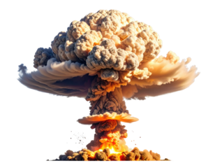 Massive mushroom cloud rising, fiery explosion