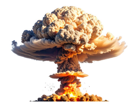 Massive mushroom cloud rising, fiery explosion
