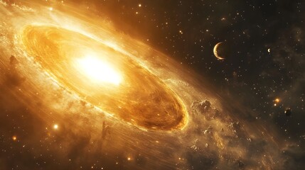 Obraz premium Stunning golden galaxy with bright center and celestial bodies creates a captivating cosmic scene perfect for space exploration and science themes