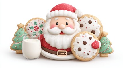 Fototapeta premium Charming Santa Claus With Milk And Cookies And Christmas Trees Isolated On White Background