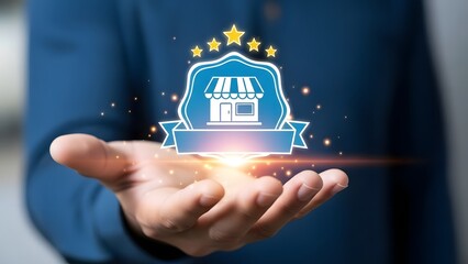 Hand holding digital brand logo with stars and light