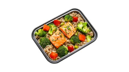 A tray of food with salmon broccoli and carrots