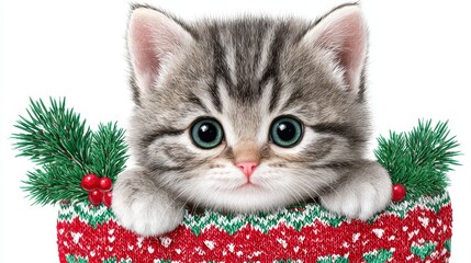 Cute Kitten Peeking Over A Knitted Christmas Stocking With Pine Sprigs And Red Berries
