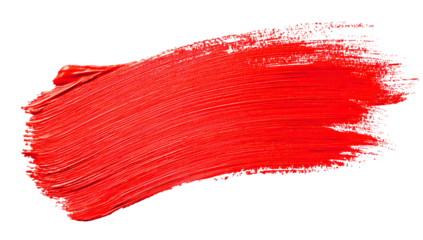 Vibrant red paint stroke with textured brush marks and visible bristle lines isolated on transparent background for artistic and design applications