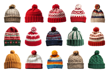 PNG Colorful knitted winter hats collection, element set on transparent background