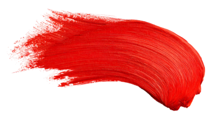 Vibrant crimson red paint brush stroke with textured detail and wispy edges artistic abstract element isolated on transparent background