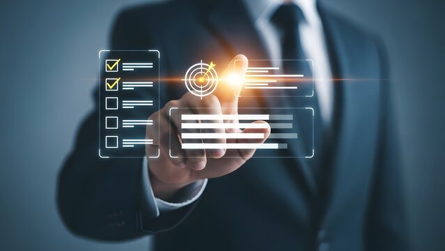 Businessman interacting with digital security checklist interface concept