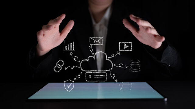 A hand drawn doodle of a cloud computing services ecosystem. A creative sketch of a network for data storage, sharing, and online applications. Motif