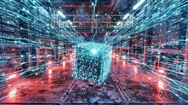 Intense, sci-fi scene of explosive energy burst in a metallic corridor