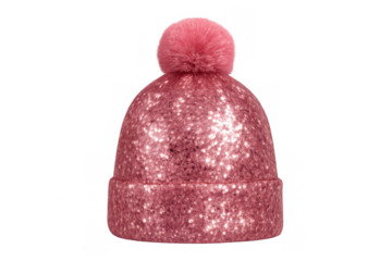 Pink glitter beanie with pom-pom providing warmth and fashion during winter season, transparent background