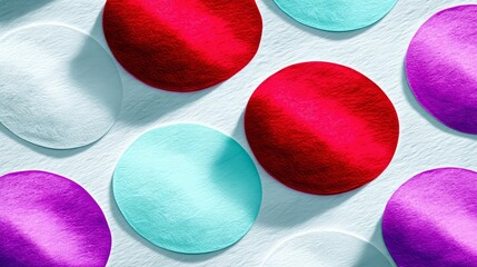 An abstract image featuring a pattern of colorful, textured circles on a white background. The circles are in various colors, including red, purple, and blue.