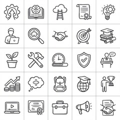 Collection of hand drawn icons representing business education and success concepts