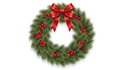 Christmas wreath lush green pine needles red berries satin red bow