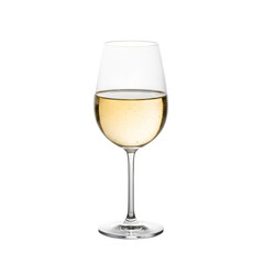 A glass of white wine is sitting on a table, isolated on white or transparent background, PNG Format.