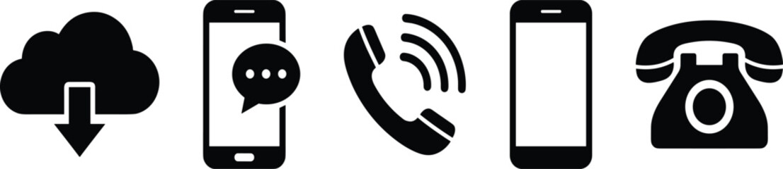 Communication icon set, cloud download, smartphone chat, phone call, rotary telephone, technology symbols, vector, isolated, stock design