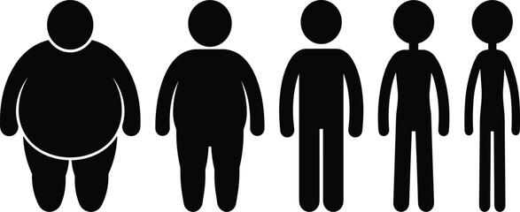 Body mass silhouette icon set, stylized black figures for health awareness, BMI visuals, and fitness design themes