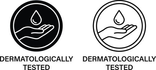 Dermatologically tested icon set, stylized hand-droplet symbols for skincare packaging, cosmetic labeling, and dermatology branding themes