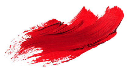 Vibrant red cosmetic lipstick smear with textured brush strokes and highlights isolated on transparent background