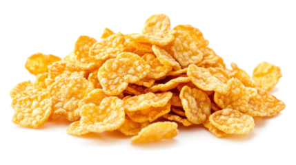 A pile of yellow cereal is on a white background