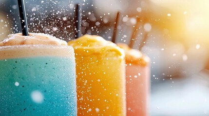 Close-up of three colorful frozen drinks with straws, illuminated by bright sunlight, creating a refreshing and vibrant scene.
