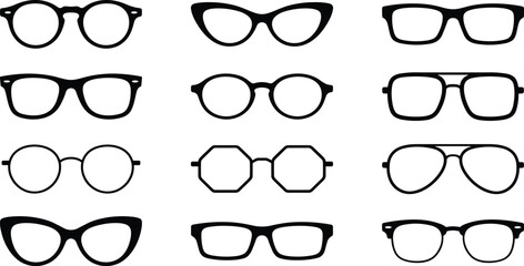 Eyeglass frame silhouette icon set, stylized black designs for fashion branding, optical retail, and eyewear design themes
