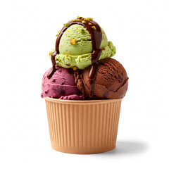 Three scoops of pistachio chocolate and berry ice cream in paper cup with topping isolated on white background. Mixed dairy dessert with nuts and sauce.
