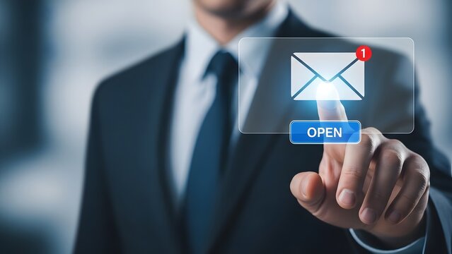 Businessman interacting with email notification on transparent screen
