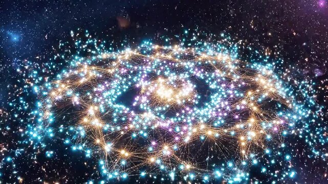 A dynamic, colorful image depicting a sparkling galaxy, with luminous lights, stars and gaseous clouds